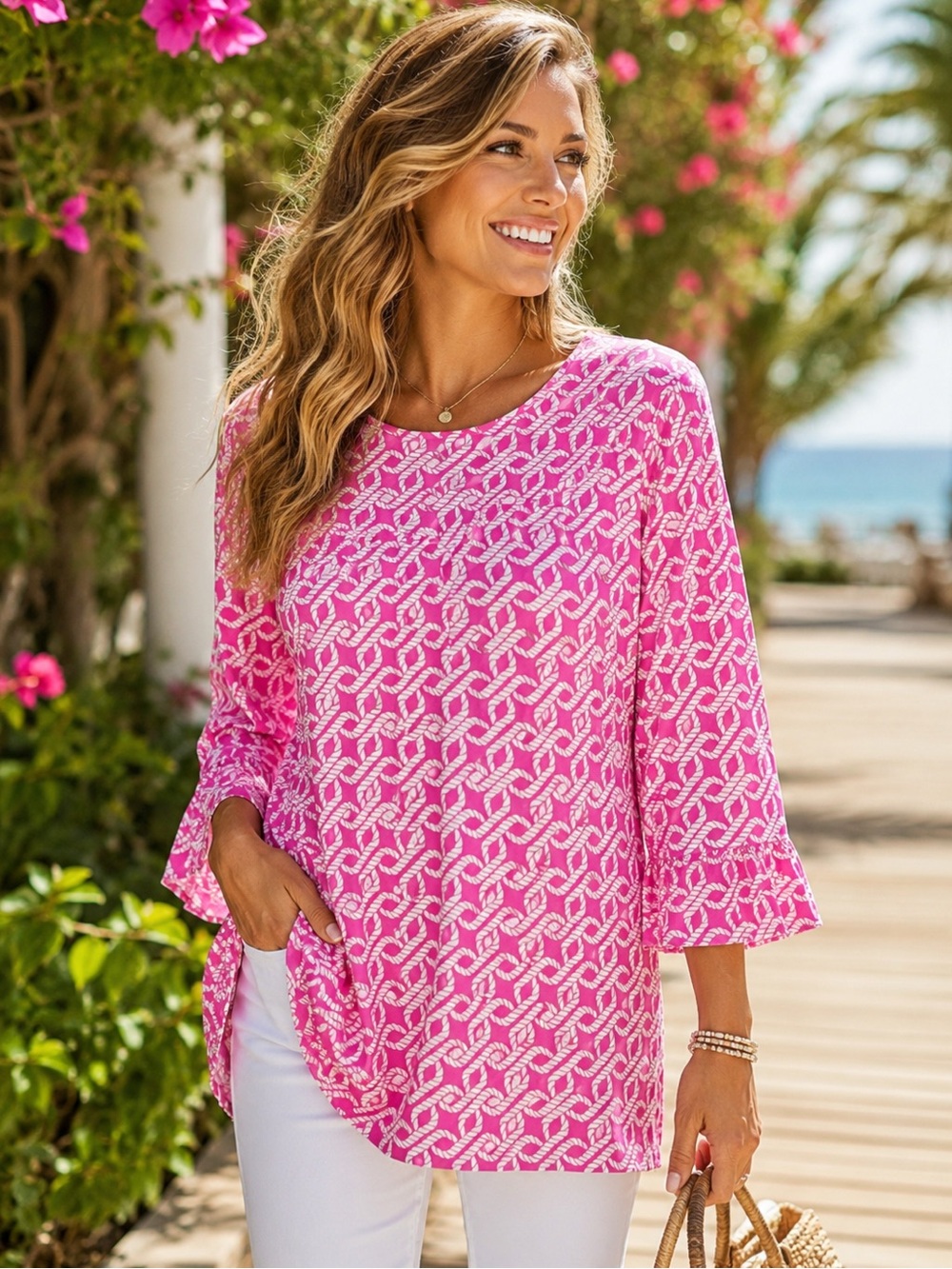 Escapada Women’s Small Pink White Rope Print Tunic Top 3/4 Sleeve Stretch EUC!